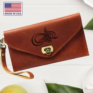 Cartera de mujer personalizada diseñada por Bismillahirrahmanirrahim, cartera grande de cuero para mujer, billetera única como regalo para mamá, billetera de cuero para mujer