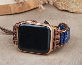 Bohemian Blue Imperial Jasper, Apple Watch Strap, 38/45mm, Handcrafted, Gemstone Beads Watch Band, Apple Watch Accessories