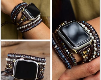 Cinturino per orologio Apple con perline in pietra labradorite, cinturino per orologio intrecciato con avvolgimento in diaspro naturale, cinturino per Apple Watch