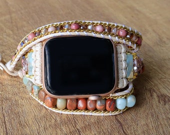 Boho Apple Watch Band, 38-45MM, Pietra di diaspro naturale, Cinturino a bracciale intrecciato con perline, Avvolgimento a 3 strati fatto a mano, Cinturino per Apple Watch