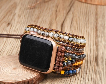 Retro Gemstone, Beaded Apple Watch Strap, Handmade Wrap Bracelet, Gift