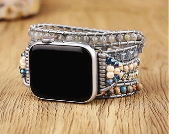 Boho Labradorite Imperial Jasper, cinturino Apple Watch, cinturino orologio 38mm/45mm, perline di pietre preziose, braccialetto intrecciato per smartwatch