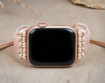 Natural Pink Opal Apple Watch Band, Natural Stone Beads, Adjustable Bracelet Strap, Gift For Wife, Bridesmaid, Mother