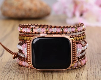 Elegant Natural Rose Quartz, Smart Watch band, Healing Crystal Wrap, Leather Bracelet Strap, 38mm/45mm Apple Watch Band