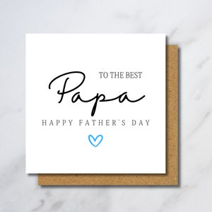 Puede incluir: Una tarjeta blanca con texto negro que dice "To the best Papa Happy Father's Day" con un coraz&oacute;n azul.