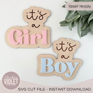 Fichier SVG 3D révélateur de sexe | Fichiers SVG bébé | Fichier laser pour accessoire photo selon le sexe | Fichier laser pour faire-part de bébé | Fichier prêt à être découpé au laser