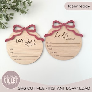 Fichier laser pour faire-part de bébé | Statistiques de naissance SVG | Fichier laser pour l'arrivée de bébé | Faire-part de bébé noeud en téléchargement numérique | Lime laser bébé fille