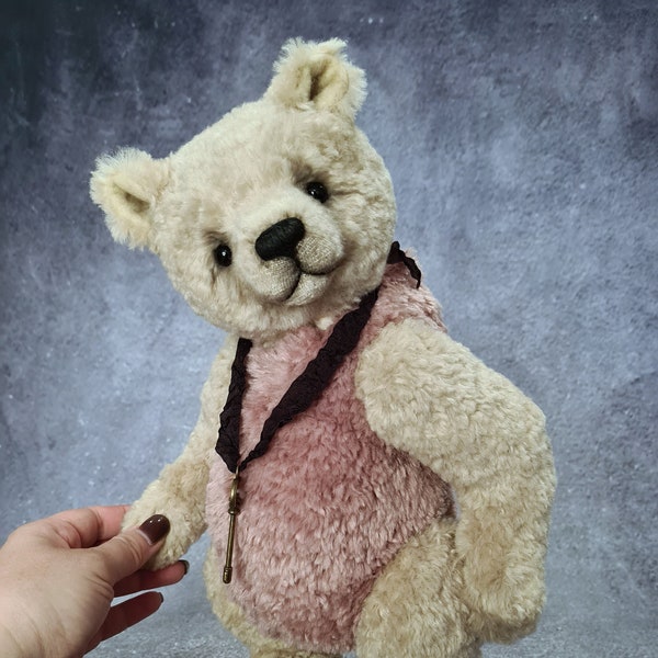 Cute pink teddy bear. Handmade plush bear toy. Artist teddy bear gift