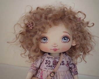 Textile doll, art doll, interior doll, curly hair doll, big eyes