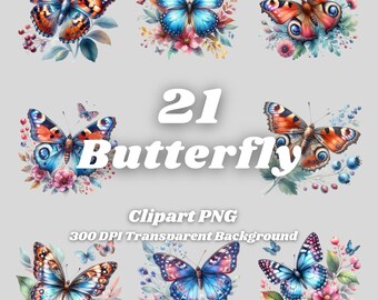 May include: 21 watercolor butterfly illustrations with floral accents. The butterflies are in various colors, including blue, orange, and red. The flowers are in shades of pink, purple, and white.