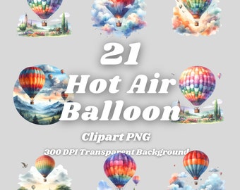 Hot Air Balloon Clipart – 21 Watercolor PNG Images (Digital Download)