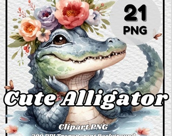 Imágenes prediseñadas de caimán: 21 imágenes PNG de acuarela con fondo transparente (descarga digital)