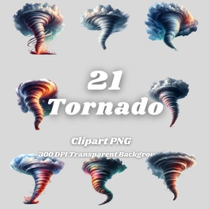 Puede incluir: 21 Clipart Tornado PNG 300 DPI Fondo Transparente. Un conjunto de 21 ilustraciones digitales de tornados en varios colores y estilos. Los tornados se representan sobre un fondo transparente.