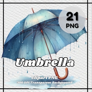 May include: A blue umbrella with raindrops falling from it. The umbrella is open and the handle is visible. The text "Umbrella" is written in bold white letters below the umbrella. The text "Clipart PNG 300 DPI Transparent Background" is written below the umbrella. A white circle with the text "21 PNG" is in the upper right corner of the image.