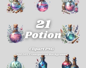 Imágenes prediseñadas de pociones: 21 gráficos PNG de botellas de fantasía (descarga digital)