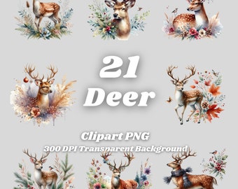 Deer Clipart PNG Set – Floral Watercolor Style (Digital Download)