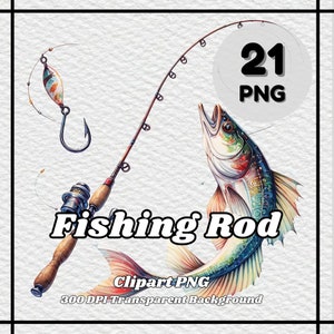 May include: A colorful fishing rod with a reel and a lure. A fish is jumping out of the water, with its mouth open. The text "Fishing Rod" is written in bold, black letters. The text "Clipart PNG 300 DPI Transparent Background" is written in black letters. The number "21" is written in black letters, with the word "PNG" written below it.