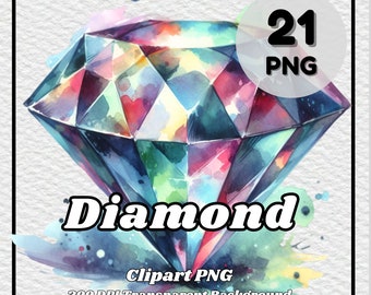 May include: A watercolor painting of a diamond with a rainbow of colors. The diamond is surrounded by a watercolor background with splashes of color. The text "Diamond" is written in bold letters below the diamond. The text "Clipart PNG 300 DPI Transparent Background" is written below the word "Diamond". The number "21" is written in a circle above the diamond with the word "PNG" below it.