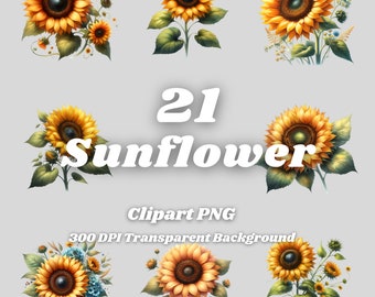 May include: 21 digital clipart images of sunflowers with green leaves and stems. The sunflowers are yellow with brown centres. The background is transparent.
