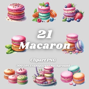 Macaron Clipart – 21 akvarell PNG-bilder, transparent bakgrund (digital nedladdning)