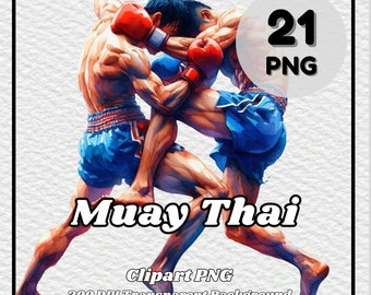 May include: Two men in blue and red shorts are practicing Muay Thai, a form of kickboxing. The men are in a fighting stance, with one man holding the other's arm. The image is a digital illustration with a watercolor effect.