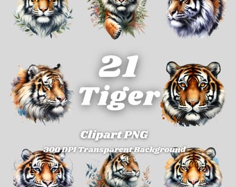 Tiger Clipart – 21 Watercolor PNG Images, Transparent Background (Digital Download)