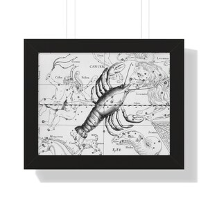 Pôster emoldurado de câncer 14 x 11, pôster de astrologia, mapas da constelação de Hevelius, arte de parede de astrologia, decoração de parede, pôster zodiacal
