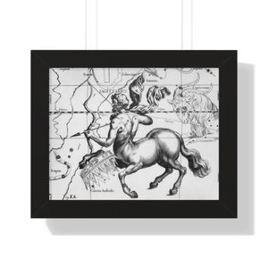 Pôster emoldurado de Sagitário, pôster de astrologia, mapas da constelação de Hevelius, arte de parede de astrologia, decoração de parede, pôster zodiacal