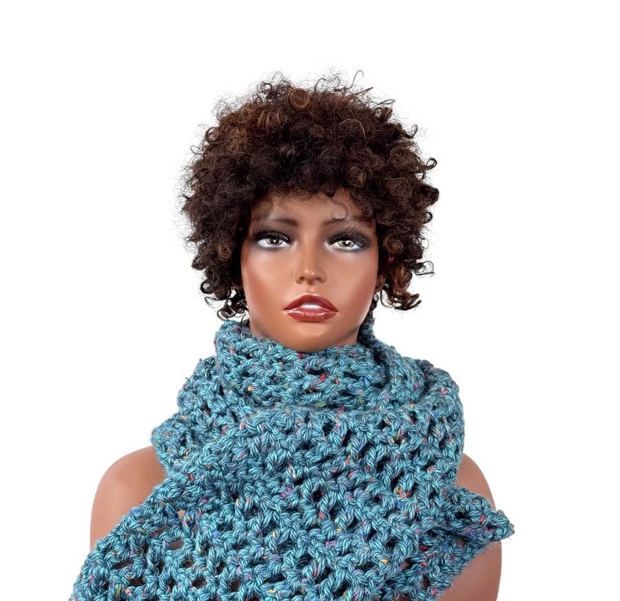 Teal Blue Crochet Scarf Infinity Scarf Lightweight Scarf Openwork Mesh Crochet, Handmade Modern Crochet, Blue Crochet Scarf Cozy Wool Scarf