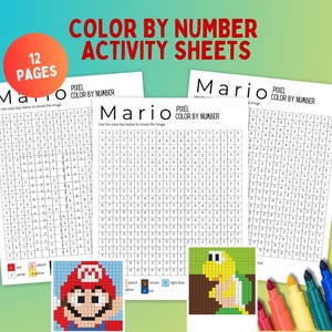 Könnte beinhalten: Malen nach Zahlen-Aktivitätsblätter mit Pixelkunst von Mario-Charakteren. Die Blätter enthalten einen Farbschlüssel, um das Bild zu enthüllen. Das Bild zeigt auch eine Reihe farbiger Marker.