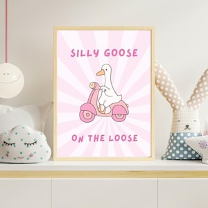 Vintage Pink Silly Goose Nursery Prints Quirky Wall, Nursery Art, Pink Wall Gallery, Sweet Floral Wall Art Girl, Baby Animal Art Cottagecore