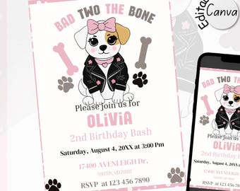 Uitnodiging voor een verjaardag van Bad Two the Bone met een puppy als thema voor de tweede verjaardag van een meisje. Bewerkbare Canva-sjabloon: Klaar voor het feest?
