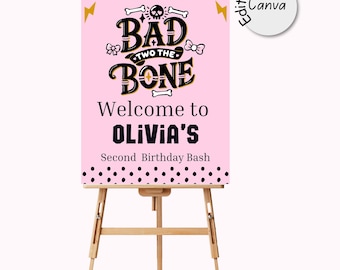 Cartel de bienvenida de cumpleaños de Bad Two the Bone: Halloween Girl 2nd Birthday, Póster editable en Canva