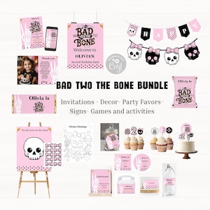 Bad two the bone party decorations bundle Pink bad two the bone 2nd birthday decor Skeleton 2nd birthday, editable corjl template