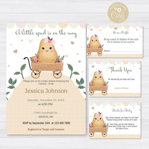 Un piccolo spud è in arrivo Invito per baby shower, Set modificabile per baby shower a forma di patata, Grazioso pacchetto di inviti per baby shower