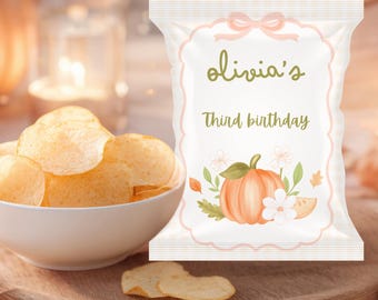 Little Pumpkin Chip Bag Wrapper: Pumpkin and bow Girl Birthday Party Favor (Canva Template)