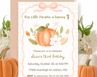 Our Little Pumpkin Birthday Invitation, Girl Autumn Floral Invite, Editable Canva Template, Fall Third Birthday