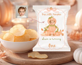 Little Pumpkin Chip Bag Wrapper, Editable Pumpkin First Birthday Party Favor, Chip Bag Custom Photo, Canva Template
