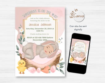 Somebunny is on the way Baby Shower Invitation: Easter Bunny Theme (Canva Template)