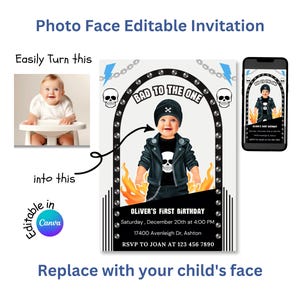 以下が含まれることがあります： ロックンロールをテーマにした1歳の誕生日パーティーの編集可能な招待状テンプレート。テンプレートには、黒い革のジャケットと骸骨のグラフィックを着た赤ちゃんの白黒写真が掲載されています。「Bad to the One」というテキストは、黒いトリムが付いた白いバナーに表示されています。招待状には、赤ちゃんの名前、パーティーの日時、住所が含まれています。「RSVP to Joan at 123 456 7890」というテキストも含まれています。