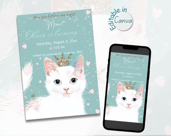 Kitten Birthday Invitation, Girls Cat Party, Editable Template (Canva)