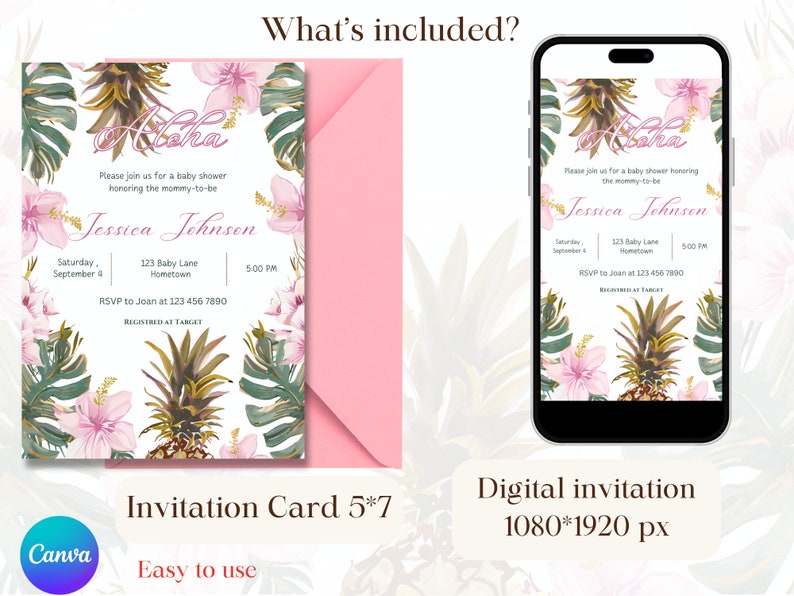 Girl Aloha Baby Shower Invitation, Hawaiian Invitation Baby Shower