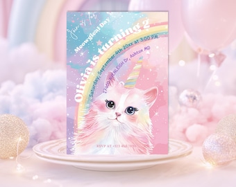 May include: A pastel-themed birthday invitation with a cat-unicorn illustration and the text "Olivia is turning 2." The invitation includes event details and RSVP information, set against a soft, dreamy background.