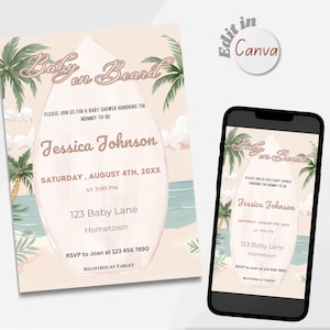 Baby on board surf baby shower invite, beach baby shower invitation , editable baby shower invitation template