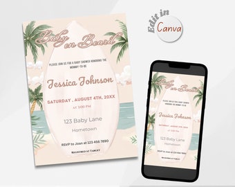 Surf Baby Shower Invitation: Baby On Board Editable Template, Surfboard Theme for Girl