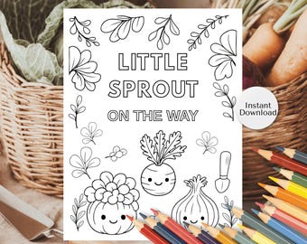 Dibujo para colorear para baby shower: Tema del huerto de verduras Little Sprout (PDF)