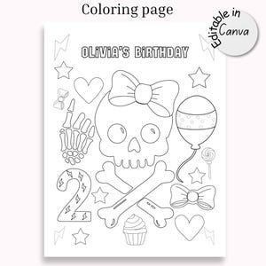 以下が含まれることがあります： 「Olivia's Birthday」という文字が上部に書かれた白黒の塗り絵。ページには、リボンをつけたドクロ、交差した骨、カップケーキ、風船、キャンディー、星、数字の2が描かれています。