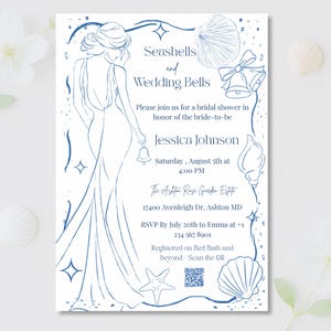 Invitación para despedida de soltera con conchas marinas y campanas de boda, invitación para despedida de soltera en la playa, tarjeta Canva editable con arte lineal y código QR