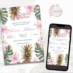 May include: A baby shower invitation with a tropical theme. The invitation features the word "Aloha" in script, along with floral and pineapple illustrations. The invitation is displayed on a white background, and a smartphone shows the same design.