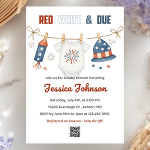 Faire-part de baby shower rouge blanc et dû, invitation de baby shower du 4 juillet, carte patriotique modifiable en toile avec code QR, téléchargement immédiat